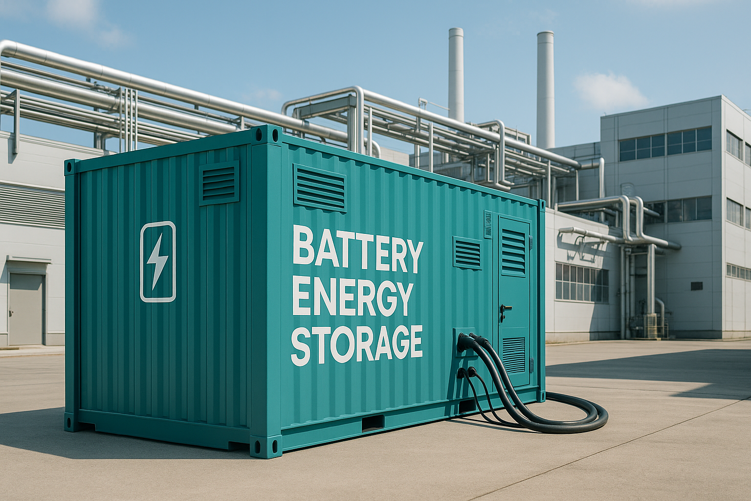 Battery container at an industrial facility